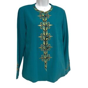 Bob Mackie Art Teal Blazer Jacket Gold Embroidery Size Small Maximalist Funky